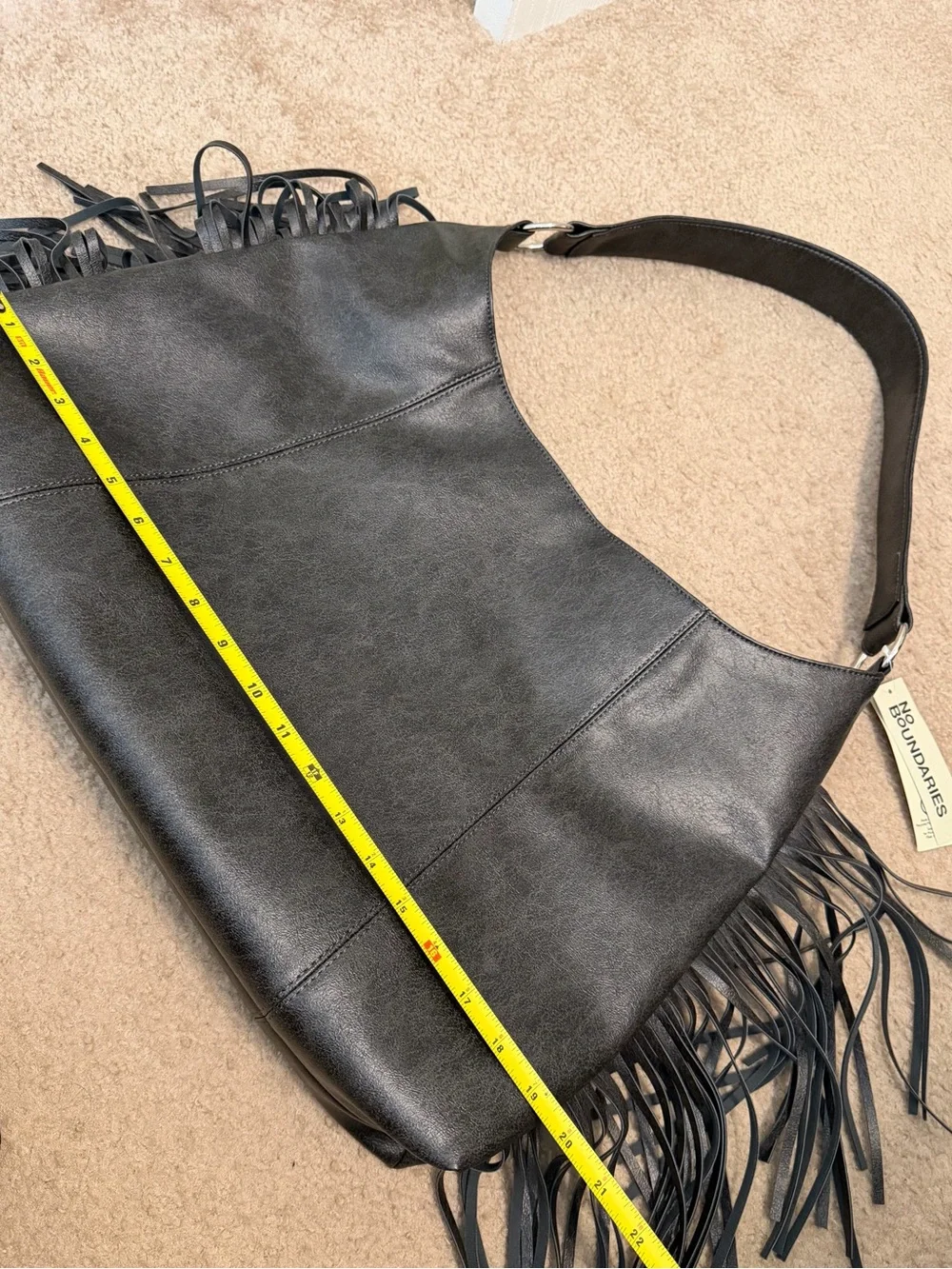 NO BOUNDARIES Faux Leather Oversized Moto Gobo Bag with Fringe NWT